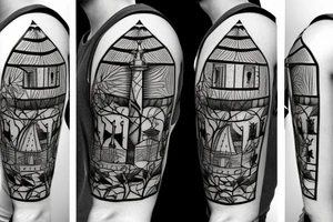 An image in the style of a coat of arms, depicting a tower (similar to that of a chess board) with small branches or twigs growing around it. tattoo idea