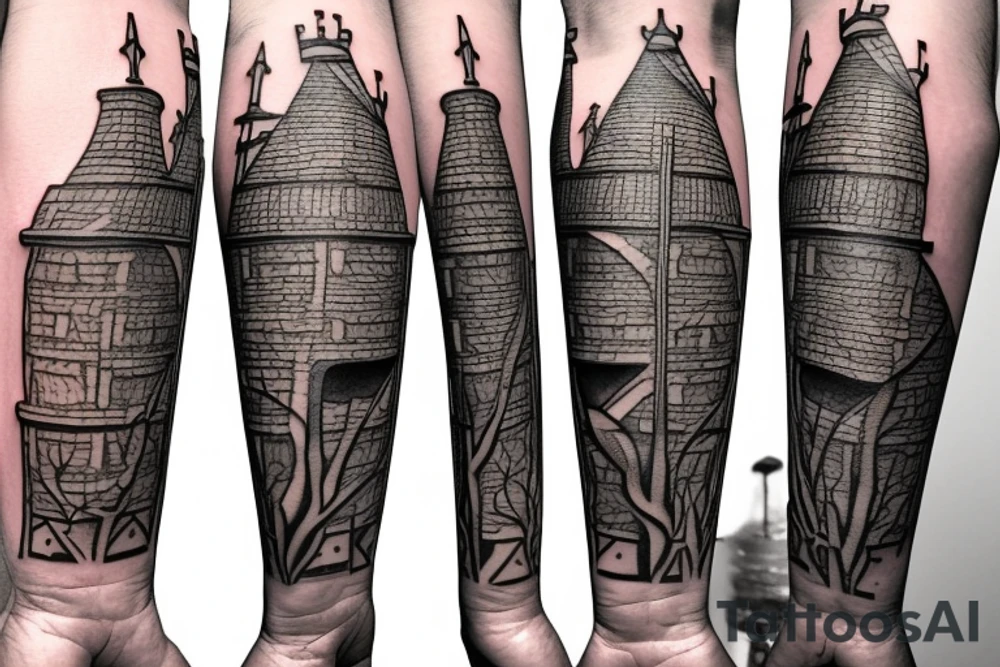An image in the style of a coat of arms, depicting a tower (similar to that of a chess board) with small branches or twigs growing around it. tattoo idea