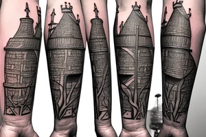 An image in the style of a coat of arms, depicting a tower (similar to that of a chess board) with small branches or twigs growing around it. tattoo idea