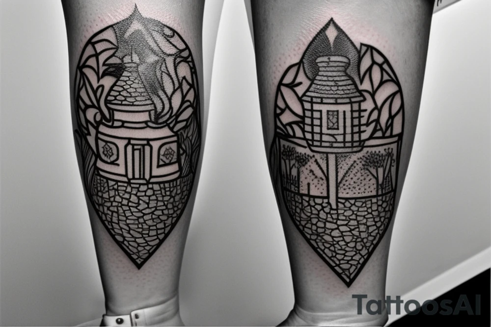 An image in the style of a coat of arms, depicting a tower (similar to that of a chess board) with small branches or twigs growing around it. tattoo idea