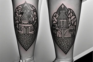 An image in the style of a coat of arms, depicting a tower (similar to that of a chess board) with small branches or twigs growing around it. tattoo idea