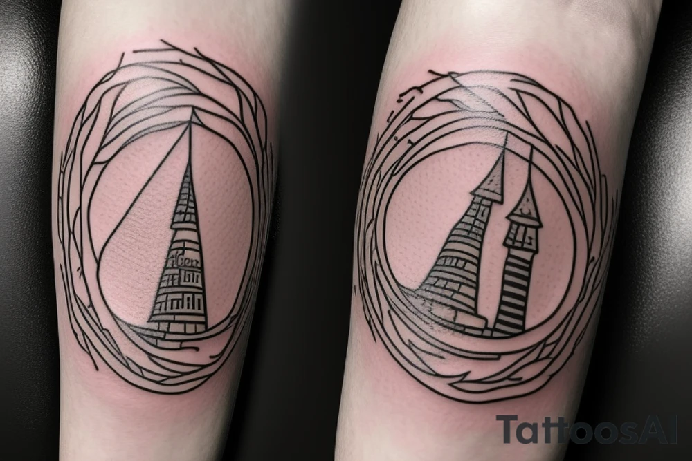 A small tower with a simple design, with small branches growing around it. tattoo idea