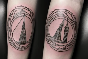 A small tower with a simple design, with small branches growing around it. tattoo idea