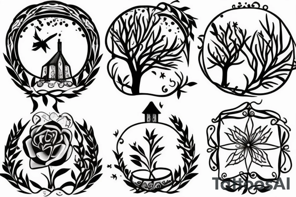A small tower with a simple design, with small branches growing around it. tattoo idea