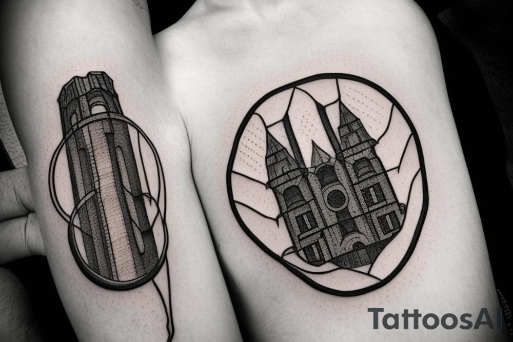 The coat of arms features a simple and symmetrical tower with bricks in its structure. There are small branches growing between the bricks, which give a touch of nature to the design. The tower is surrounded by a simple and round shield with a thin black border. tattoo idea