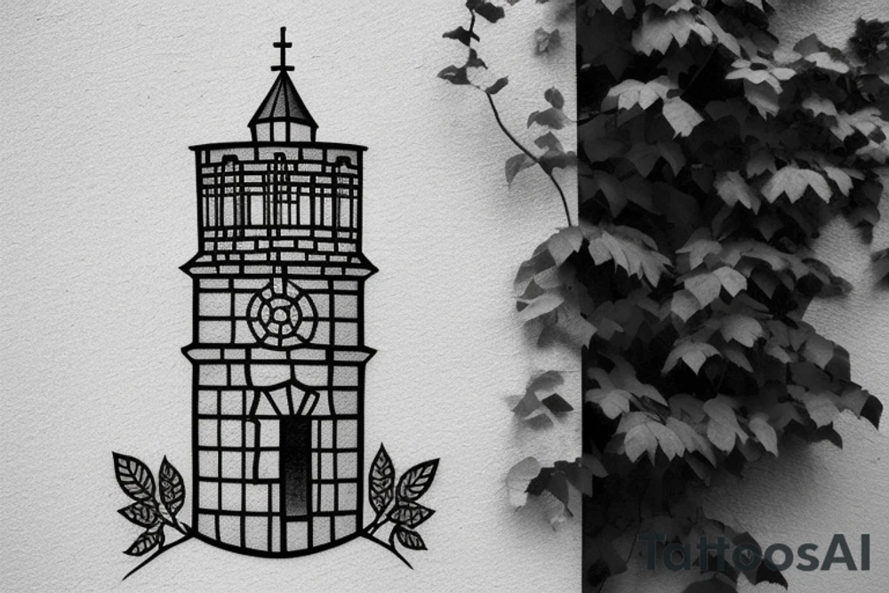The coat of arms features a simple and symmetrical tower with bricks in its structure. There are small branches growing between the bricks, which give a touch of nature to the design. The tower is surrounded by a simple and round shield with a thin black border. tattoo idea