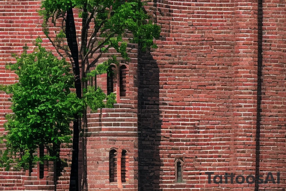 The coat of arms features a simple and symmetrical tower with bricks in its structure. There are small branches growing between the bricks, climbing the tower and surrounding it, which gives a touch of nature to the design. The tower is surrounded by a simple and round shield with a thin black border. tattoo idea