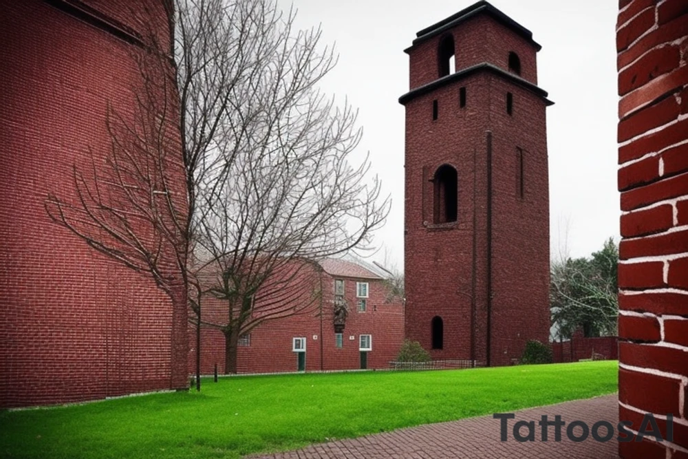 The coat of arms features a simple and symmetrical tower with bricks in its structure. There are small branches growing between the bricks, climbing the tower and surrounding it, which gives a touch of nature to the design. The tower is surrounded by a simple and round shield with a thin black border. tattoo idea