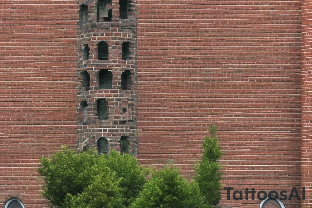 The coat of arms features a simple and symmetrical tower with bricks in its structure. There are small branches growing between the bricks, climbing the tower and surrounding it, which gives a touch of nature to the design. The tower is surrounded by a simple and round shield with a thin black border. tattoo idea