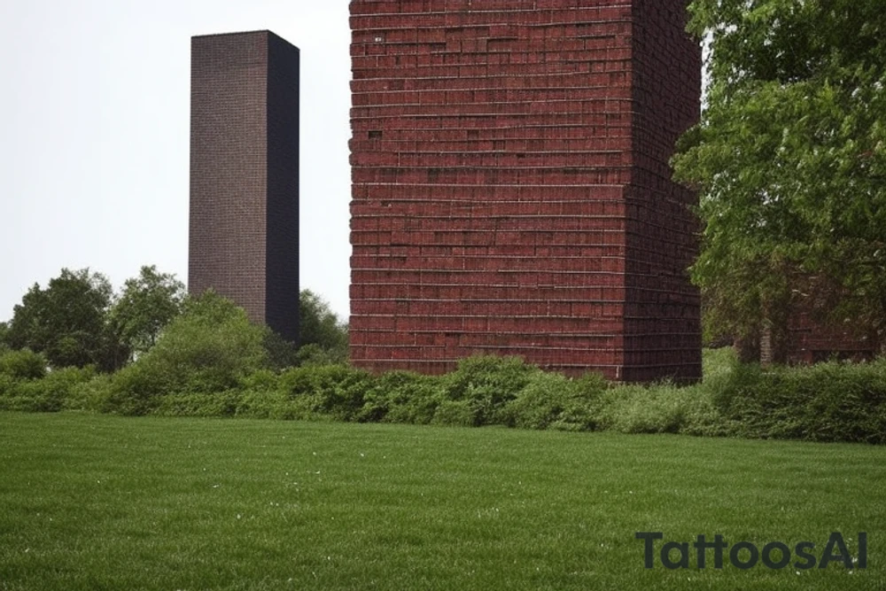The rectangular tower is drawn with simple and straight lines, giving the impression of a solid and imposing structure. It is composed of small bricks arranged in uniform patterns, which adds a touch of texture to the design. Within the small bricks, there are branches and twigs of different sizes, growing around the tower, creating a feeling of nature in contrast to the rigid structure of the tower. The branches and twigs are depicted with thin and curved lines, and have small leaves and fruits, adding more details to the design. The tower is placed on a neutral background, allowing the details of the tower and branches to stand out. tattoo idea