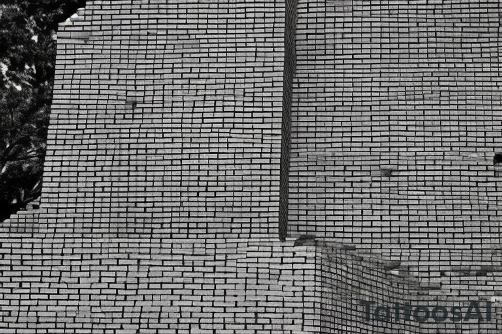 The rectangular tower is drawn with simple and straight lines, giving the impression of a solid and imposing structure. It is composed of small bricks arranged in uniform patterns, which adds a touch of texture to the design. Within the small bricks, there are branches and twigs of different sizes, growing around the tower, creating a feeling of nature in contrast to the rigid structure of the tower. The branches and twigs are depicted with thin and curved lines, and have small leaves and fruits, adding more details to the design. The tower is placed on a neutral background, allowing the details of the tower and branches to stand out. tattoo idea