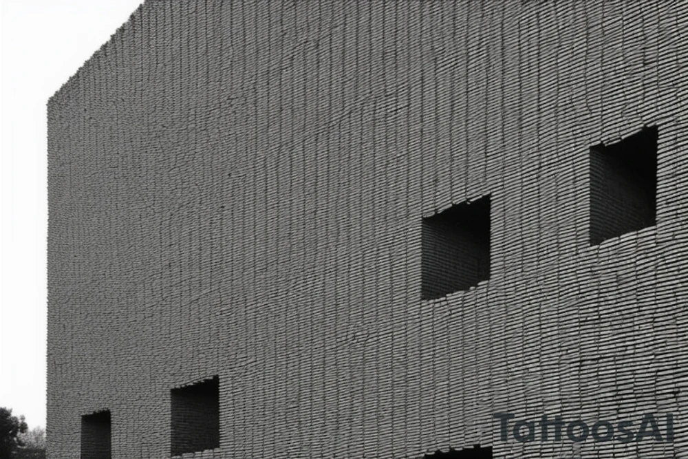 The rectangular tower is drawn with simple and straight lines, giving the impression of a solid and imposing structure. It is composed of small bricks arranged in uniform patterns, which adds a touch of texture to the design. Inside the small bricks, there are branches and twigs of different sizes, which grow around the tower, creating a sense of nature in contrast with the rigid structure of the tower. The branches and twigs are represented with thin and curved lines, and have small leaves and fruits, adding more details to the design. The tower is placed on a neutral background, allowing the details of the tower and branches to stand out. tattoo idea