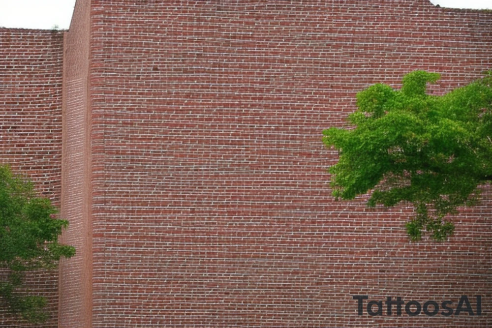 The rectangular tower is drawn with simple and straight lines, giving the impression of a solid and imposing structure. It is composed of small bricks arranged in uniform patterns, which adds a touch of texture to the design. Inside the small bricks, there are branches and twigs of different sizes, which grow around the tower, creating a sense of nature in contrast with the rigid structure of the tower. The branches and twigs are represented with thin and curved lines, and have small leaves and fruits, adding more details to the design. The tower is placed on a neutral background, allowing the details of the tower and branches to stand out. tattoo idea