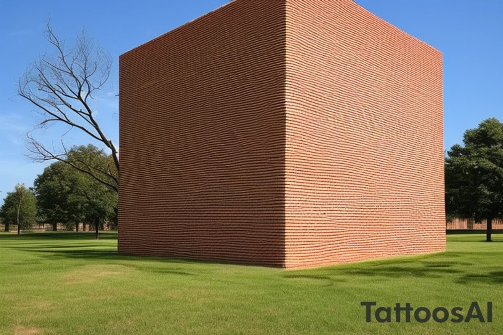 The rectangular tower is drawn with simple and straight lines, giving the impression of a solid and imposing structure. It is composed of small bricks arranged in uniform patterns, which adds a touch of texture to the design. Inside the small bricks, there are branches and twigs of different sizes, which grow around the tower, creating a sense of nature in contrast with the rigid structure of the tower. The branches and twigs are represented with thin and curved lines, and have small leaves and fruits, adding more details to the design. The tower is placed on a neutral background, allowing the details of the tower and branches to stand out. tattoo idea