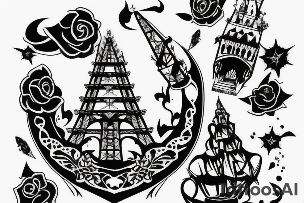 uma torre de castelo rodeado de ramos tattoo idea