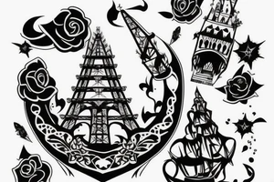 uma torre de castelo rodeado de ramos tattoo idea