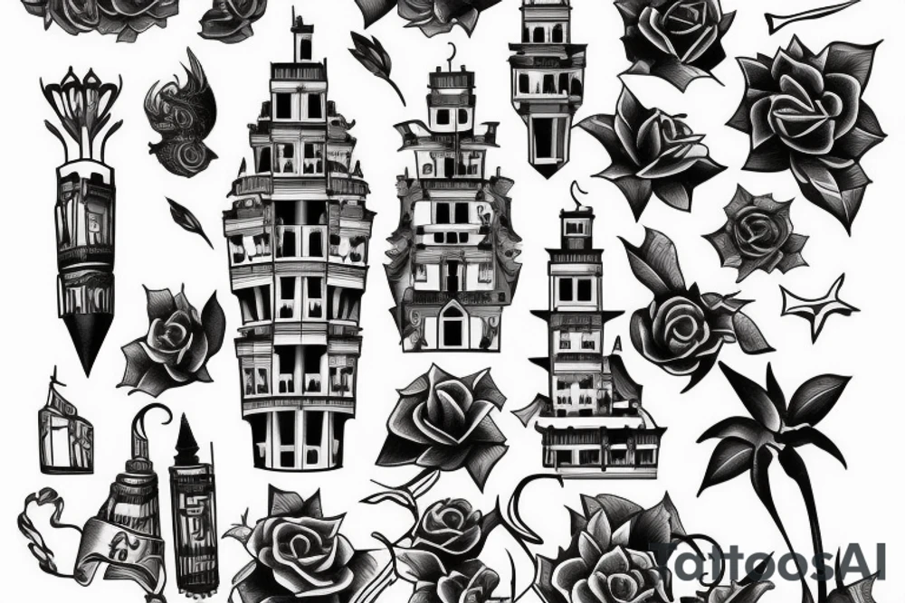 uma torre de castelo rodeado de ramos tattoo idea