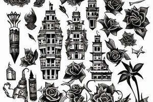 uma torre de castelo rodeado de ramos tattoo idea