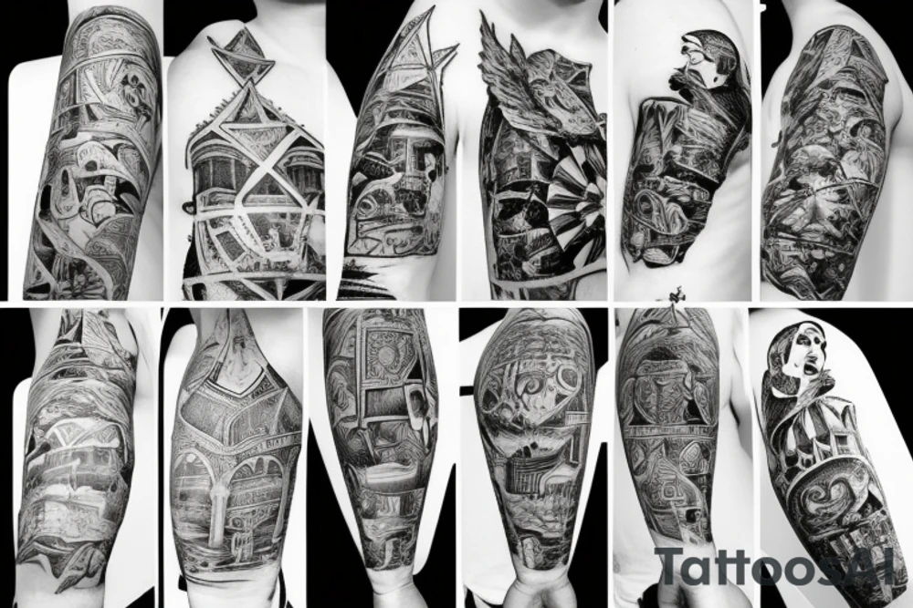 uma torre de castelo rodeado de ramos tattoo idea