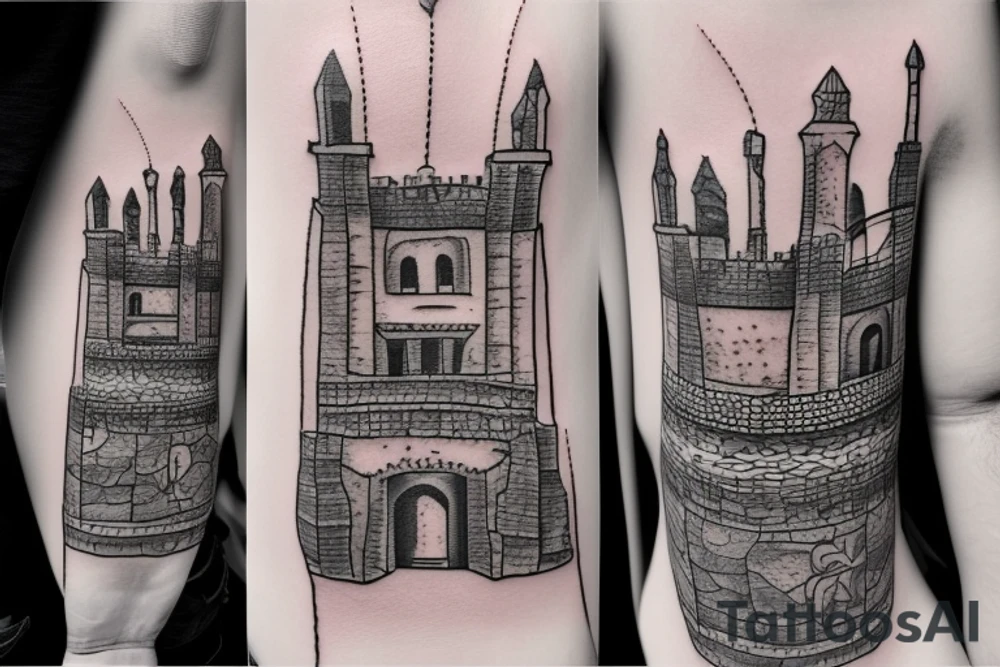 uma torre de castelo rodeado de ramos como se fosse um brasão tattoo idea