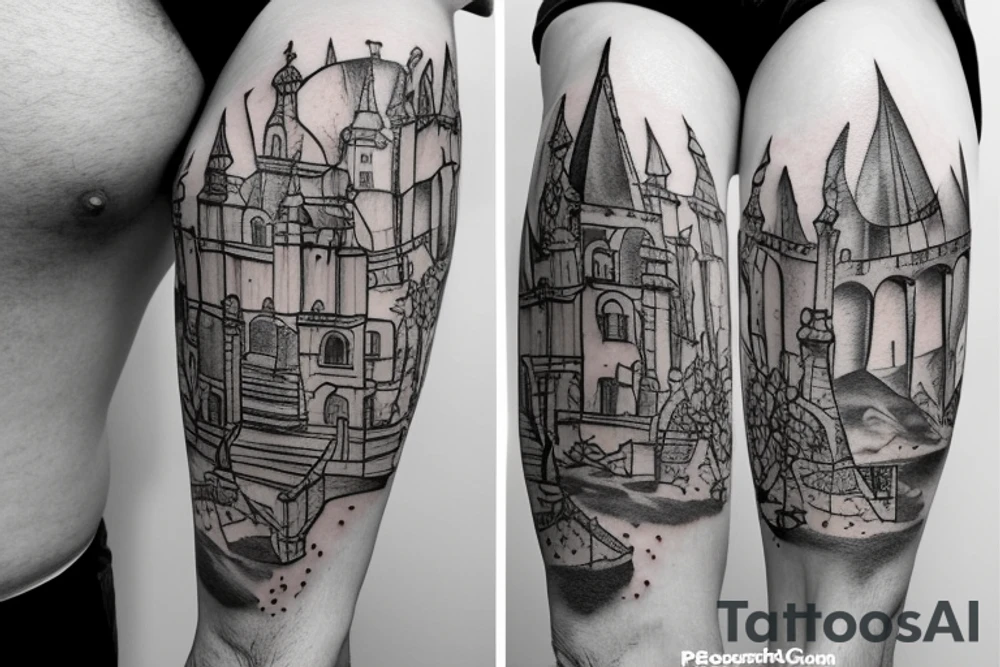 uma torre de castelo rodeado de ramos como se fosse um brasão com desenhos retos e símetricos tattoo idea