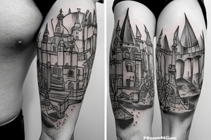 uma torre de castelo rodeado de ramos como se fosse um brasão com desenhos retos e símetricos tattoo idea