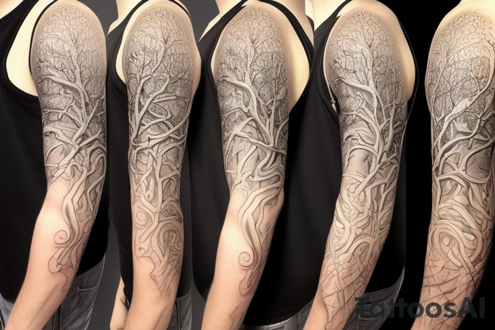 Tree of life sleeve with Alice and wonderland characters on it tattoo idea