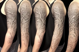 Tree of life sleeve with Alice and wonderland characters on it tattoo idea