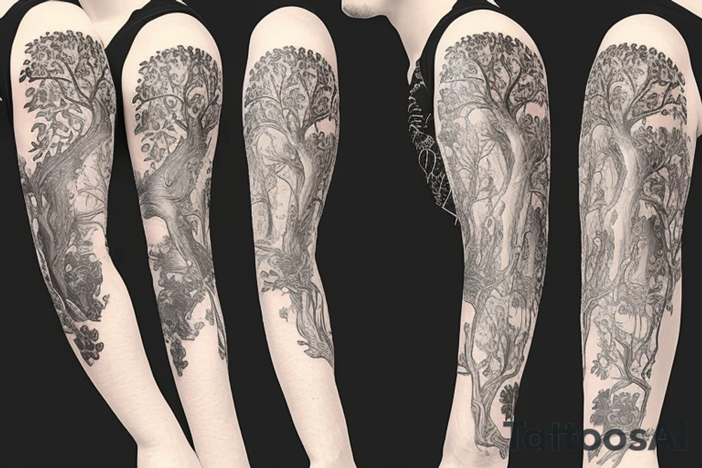 Tree of life sleeve with Alice and wonderland characters on it tattoo idea