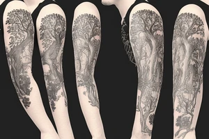 Tree of life sleeve with Alice and wonderland characters on it tattoo idea