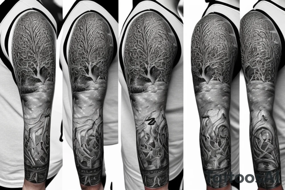 Tree of life sleeve with Alice and wonderland characters on it tattoo idea
