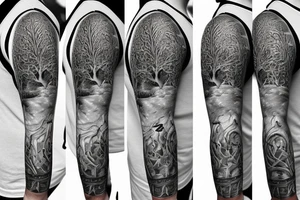 Tree of life sleeve with Alice and wonderland characters on it tattoo idea