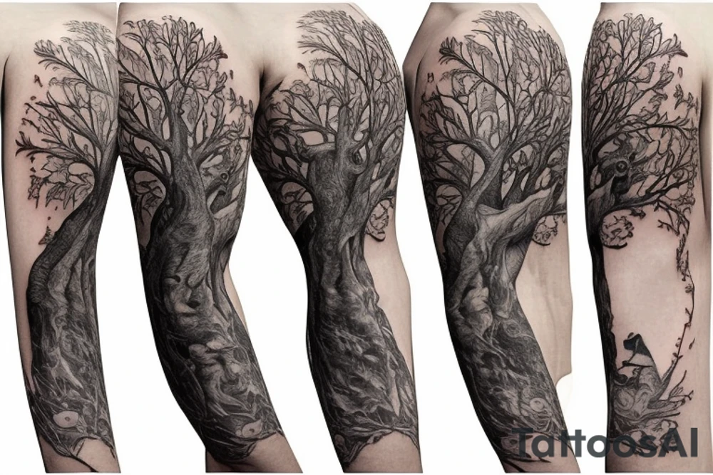 Tree of life sleeve with Alice and wonderland characters on it tattoo idea