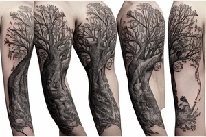 Tree of life sleeve with Alice and wonderland characters on it tattoo idea