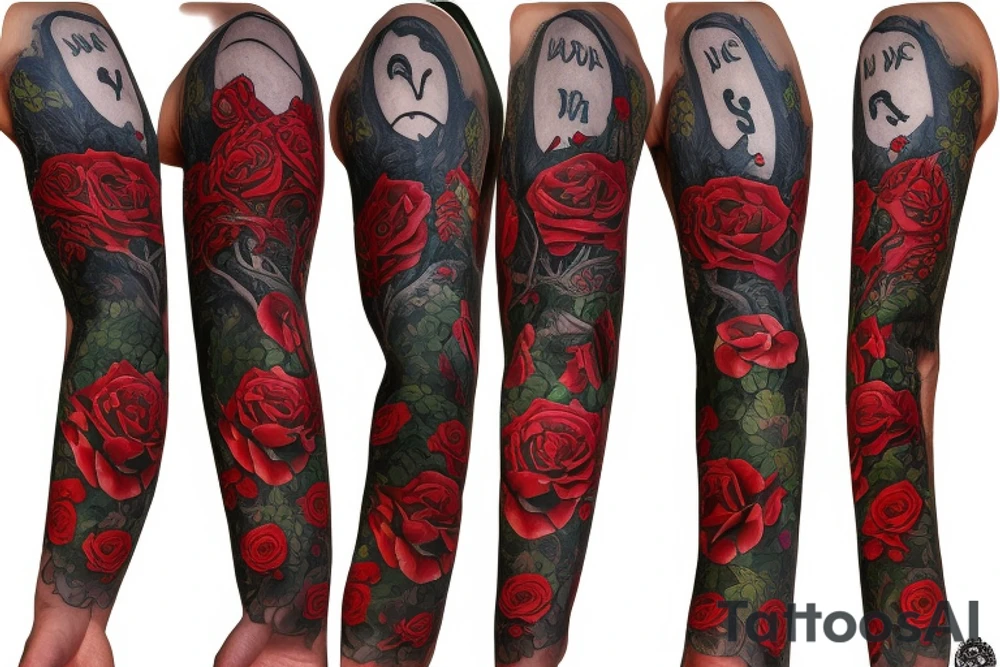 Tree of life sleeve with Alice and wonderland characters and red roses,Gothic tattoo idea