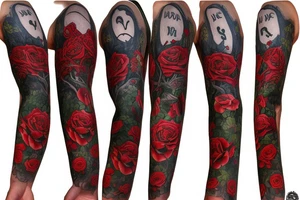 Tree of life sleeve with Alice and wonderland characters and red roses,Gothic tattoo idea
