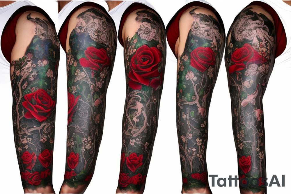 Tree of life sleeve with Alice and wonderland characters and red roses,Gothic tattoo idea