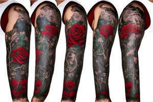 Tree of life sleeve with Alice and wonderland characters and red roses,Gothic tattoo idea