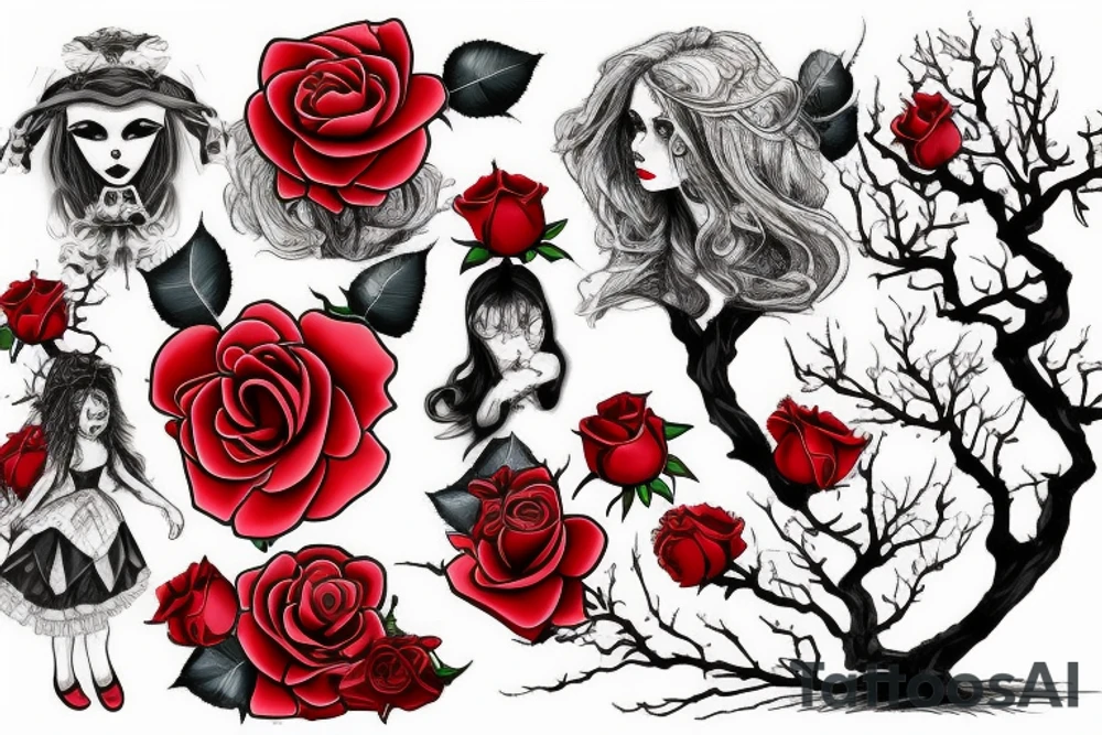 Gothic Alice and wonderland,  bonsai tree, red 
roses tattoo idea