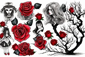 Gothic Alice and wonderland,  bonsai tree, red 
roses tattoo idea