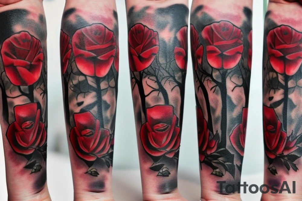 Gothic Alice and wonderland,  bonsai tree, red 
roses tattoo idea