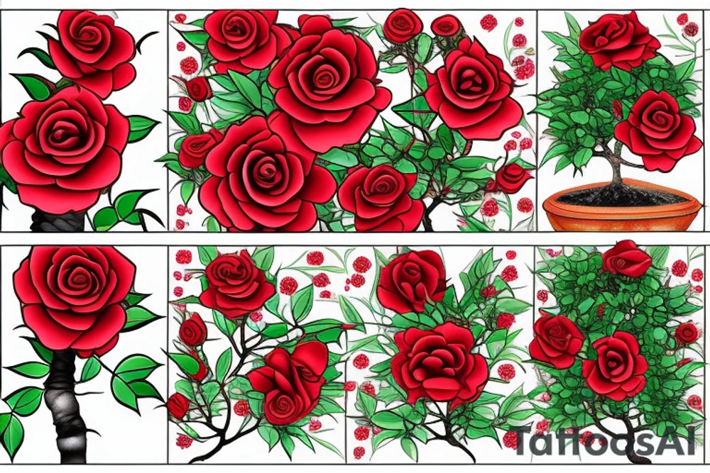 Full color bonsai tree with red roses tattoo idea