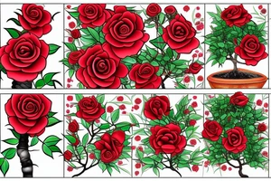 Full color bonsai tree with red roses tattoo idea