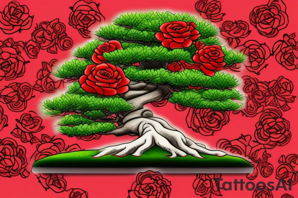 Full color bonsai tree with red roses tattoo idea