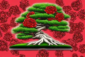 Full color bonsai tree with red roses tattoo idea