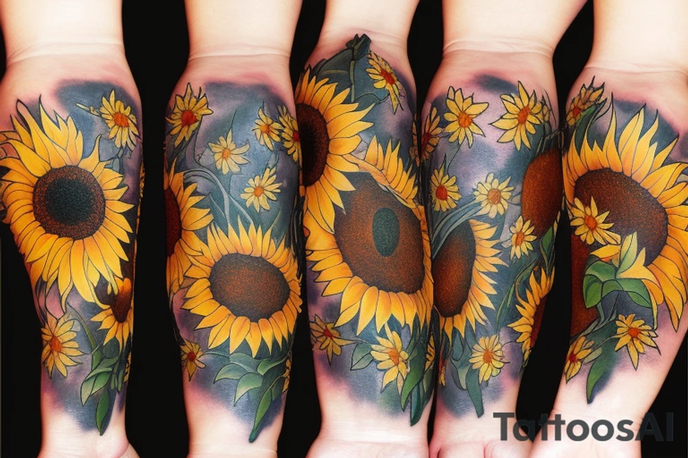 Sunburst with sunflowers tattoo idea
