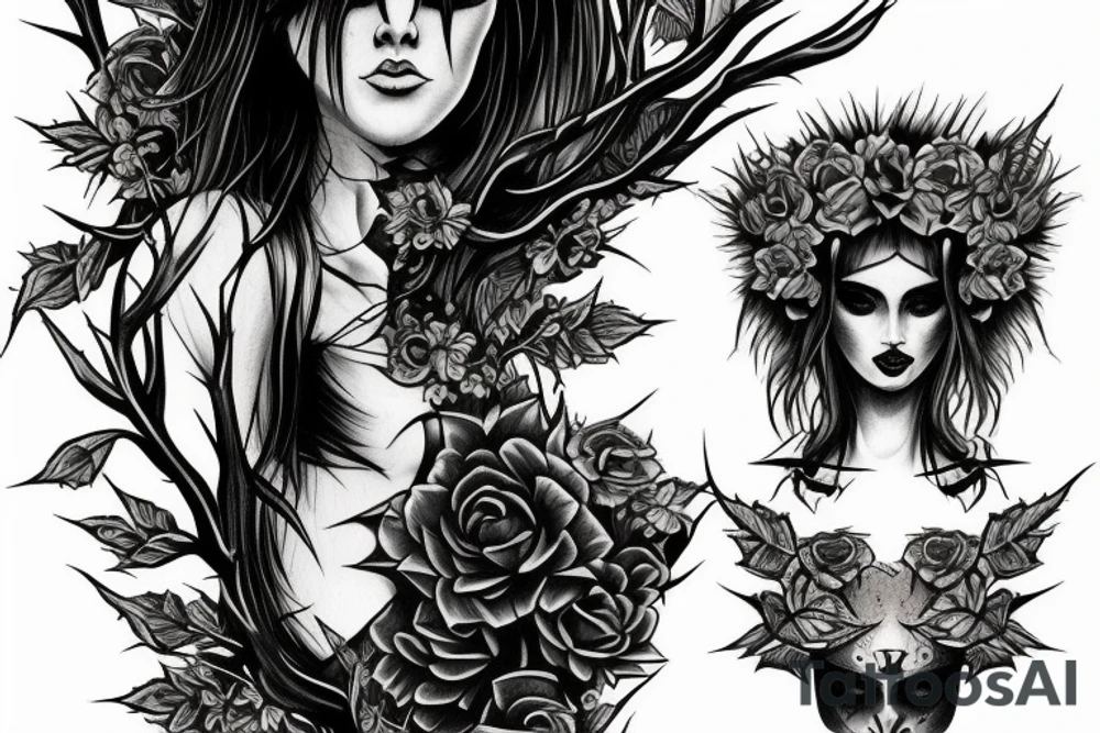 Beautiful; Demon girl Radiant Smokey Blackout Pretty Thorns Intricate Detailed Realistic tattoo idea