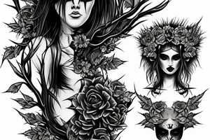 Beautiful; Demon girl Radiant Smokey Blackout Pretty Thorns Intricate Detailed Realistic tattoo idea
