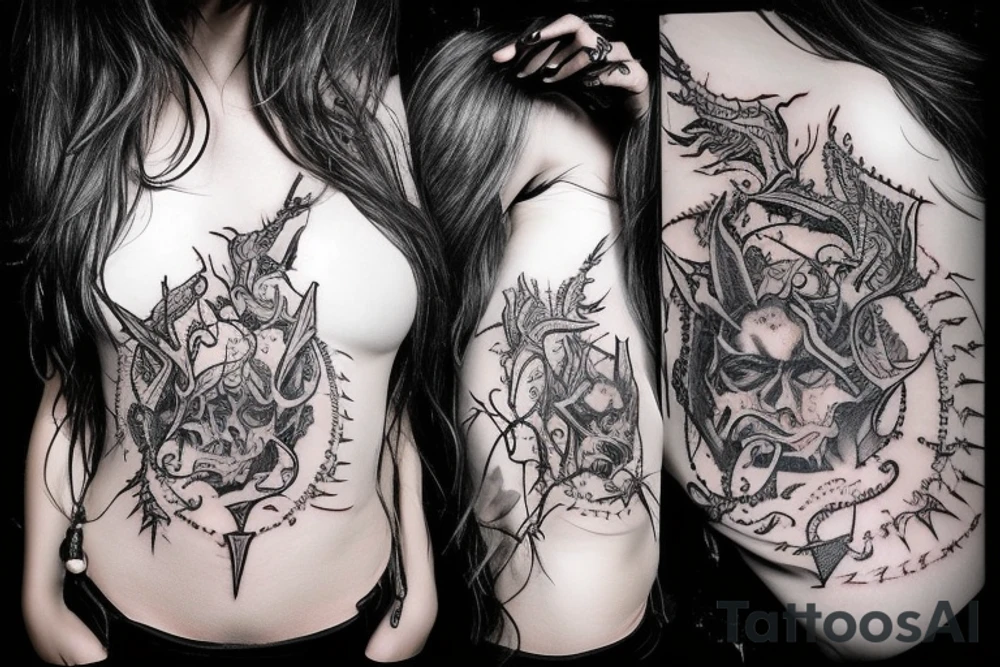 Demonic Badass Woman Babe Thorns Smokey Intricate Detailed Pretty Runes Beautiful tattoo idea