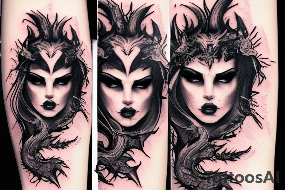 Demonic Badass Woman Babe Thorns Smokey Intricate Detailed Pretty Runes Beautiful tattoo idea